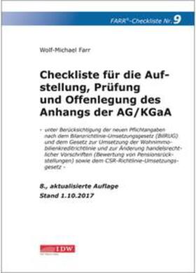 Farr | Checkliste 9 für die Aufstellung, Prüfung und Offenlegung des Anhangs der AG/KGaA | Buch | sack.de